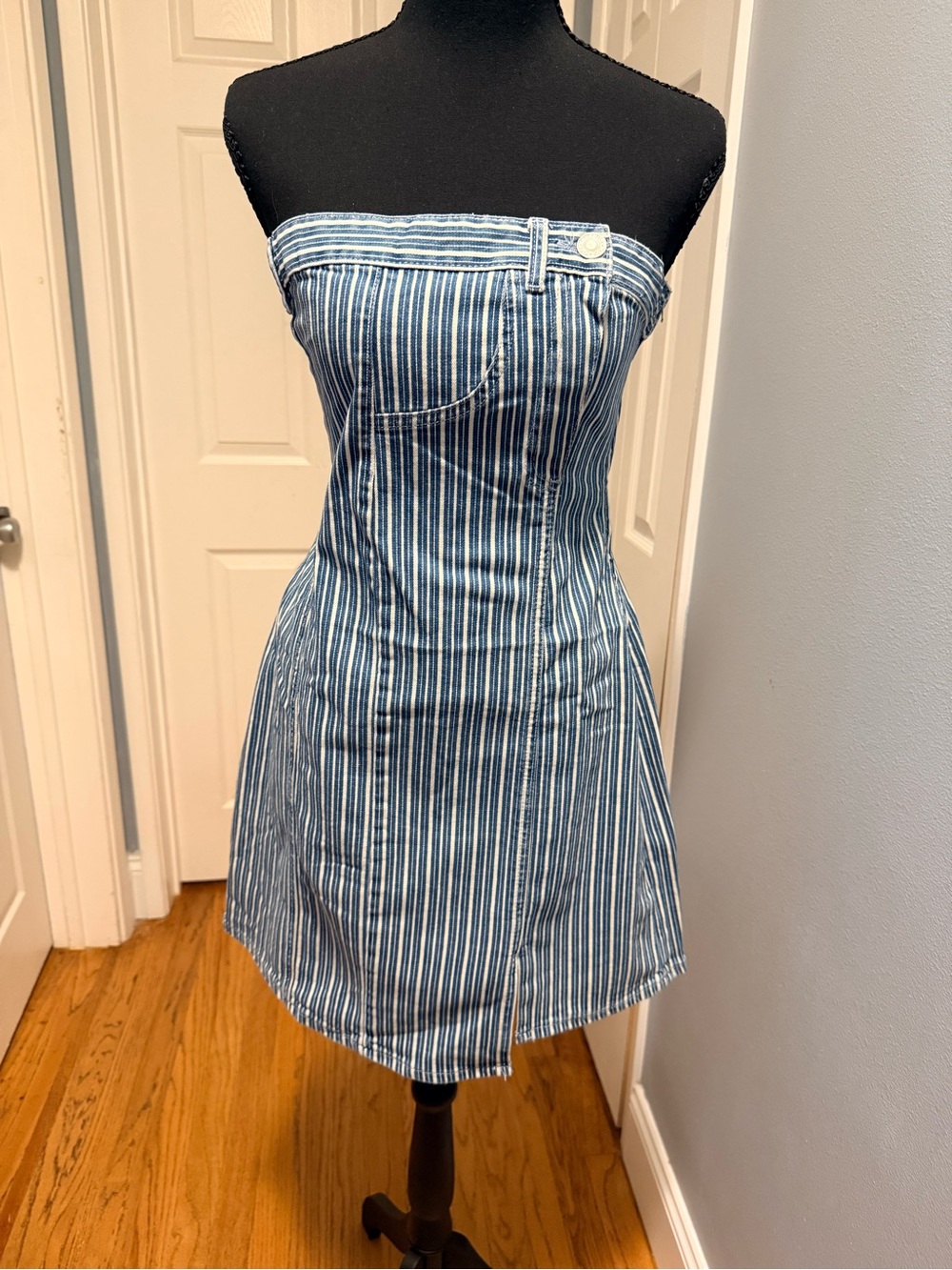 ZARA Striped Denim Strapless Mini Dress Blue White L NWOT